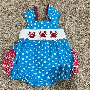 Blue Polka Dot Baby swim suit with Red Crab Design